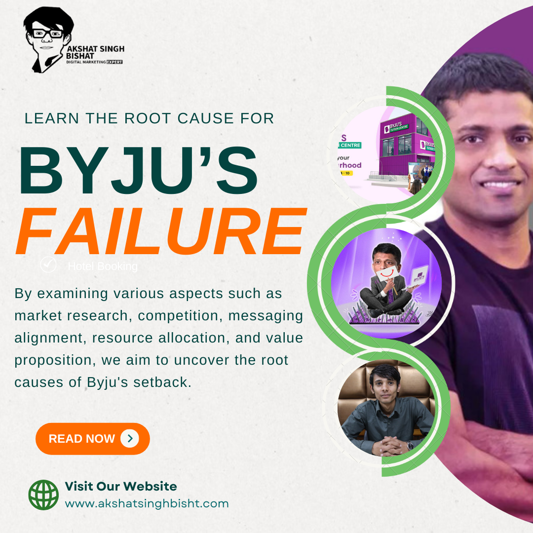 Byju's, an Indian educational technology startup, gained rapid success and recognition for its innovative approach to online learning. Founded in 2011 by Byju Raveendran, the company soared to become one of India's leading online education platforms. However, despite its initial success, Byju's faced significant challenges and setbacks in its marketing endeavors, ultimately leading to a failure to meet its objectives. This case study delves into the reasons behind the failure of Byju's, a leading educational technology company in India. By examining various aspects such as market research, competition, messaging alignment, resource allocation, and value proposition, we aim to uncover the root causes of Byju's setback. Through this exploration, we seek to provide valuable insights into the challenges faced by Byju's and identify key lessons for businesses operating in competitive industries.