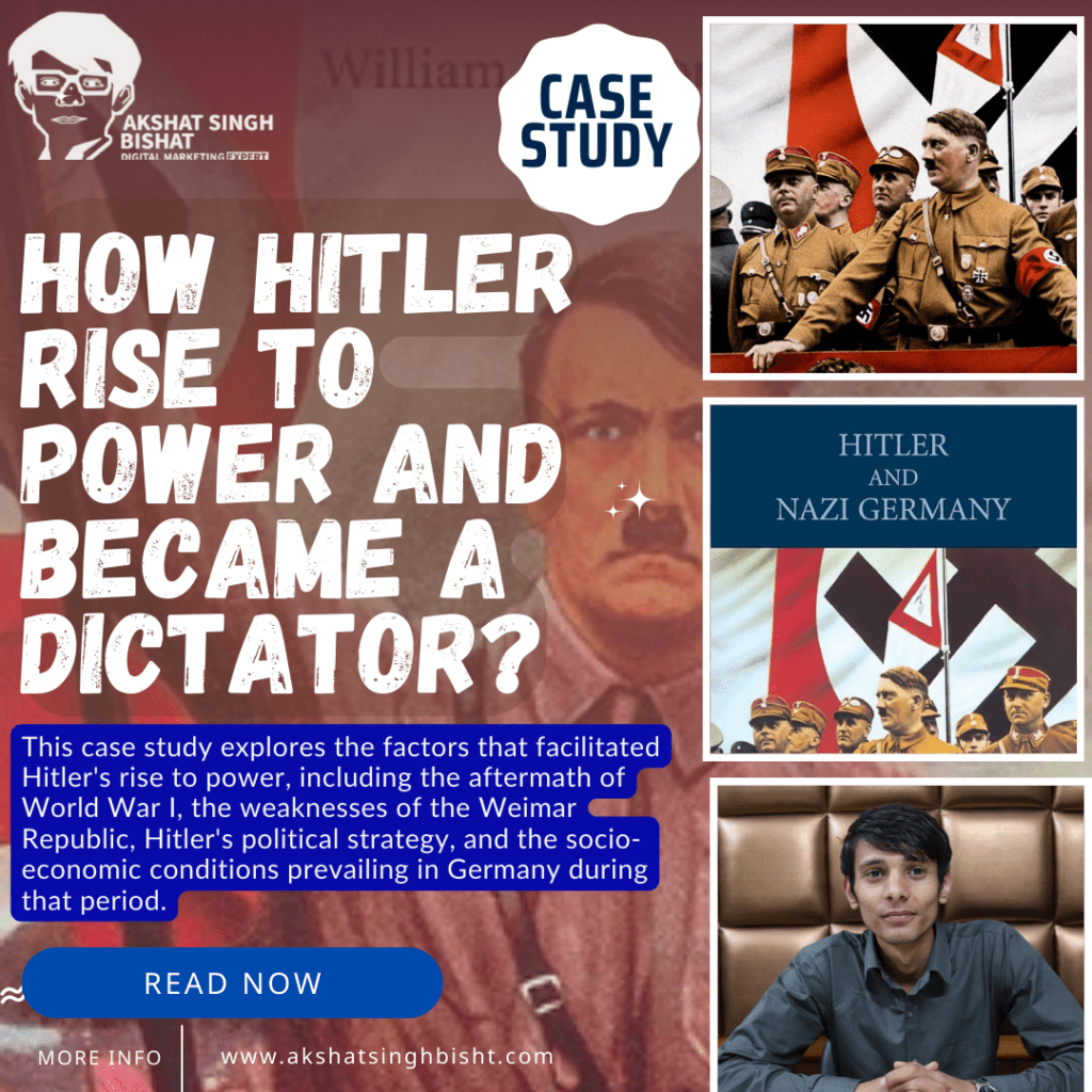 Adolf Hitler's ascent to power in Germany during the 1930s remains a pivotal moment in modern history. His rise from a relatively obscure figure to the leader of Nazi Germany is a complex tale of political maneuvering, economic instability, and social unrest. This case study explores the factors that facilitated Hitler's rise to power, including the aftermath of World War I, the weaknesses of the Weimar Republic, Hitler's political strategy, and the socio-economic conditions prevailing in Germany during that period.
